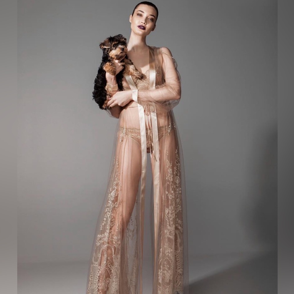 ID Sarrieri Imperial Champagne Gold Sheer Lace Robe with silk tie NWT size 0